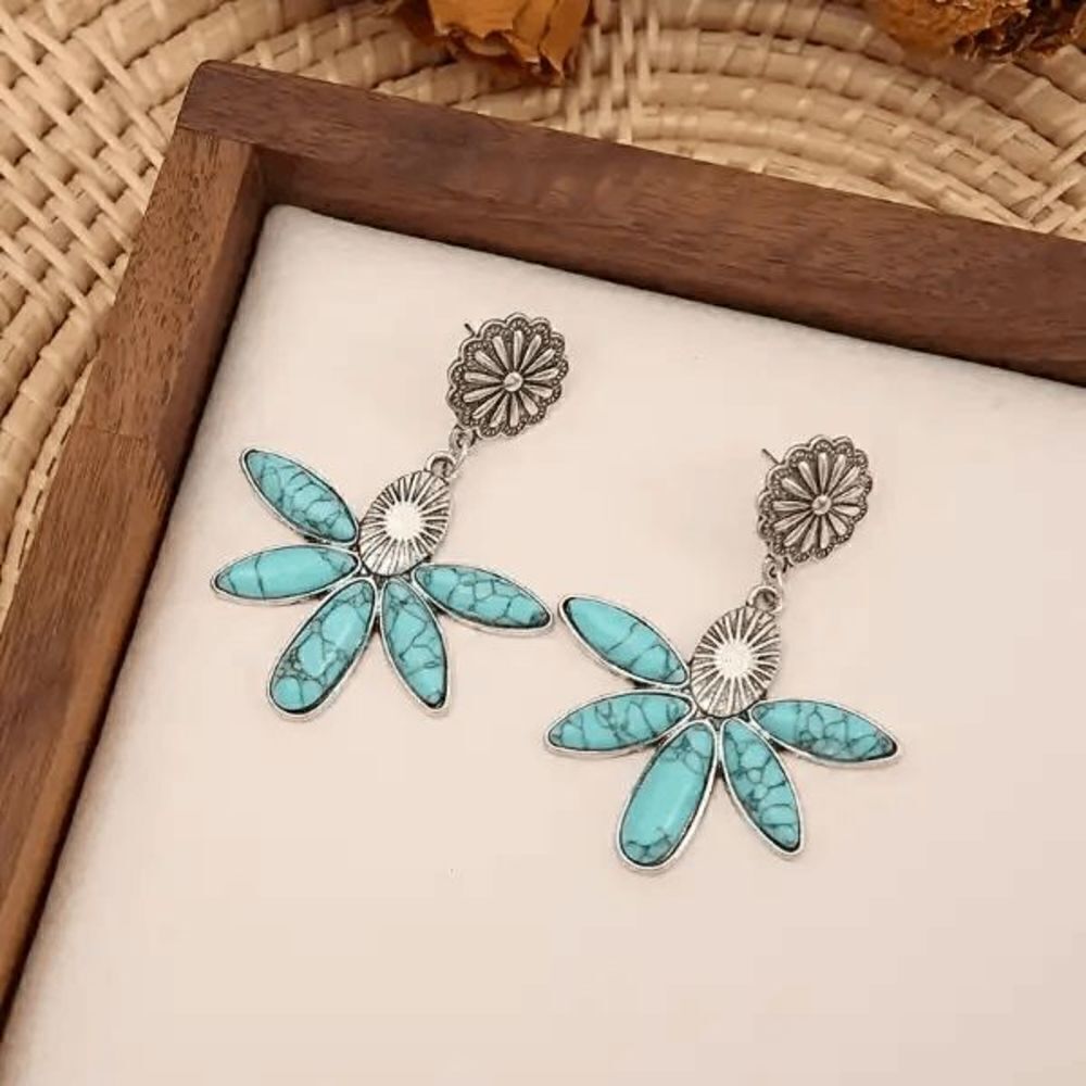 Western Southwest Water Drop Leaf Silver Turquoise Dangle Earrings